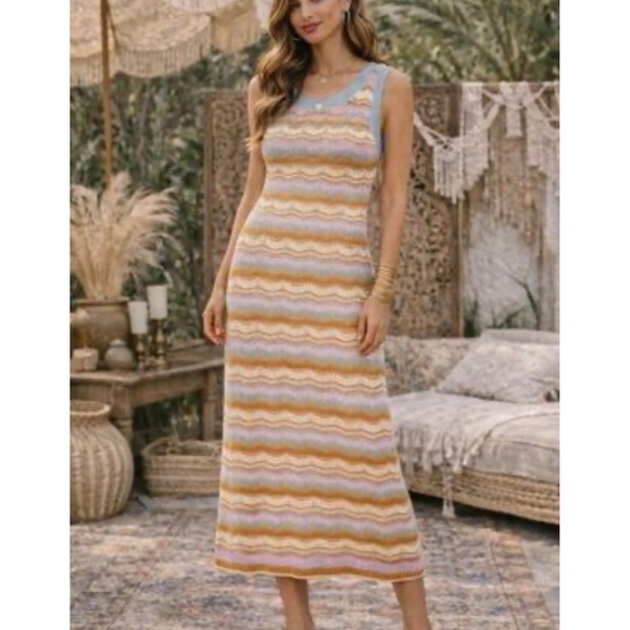 Willow & Wind Dresses & Skirts - Willow & Wind Knit Midi Dress Small Multicolor Chevron Stripe Crochet Sleeveless